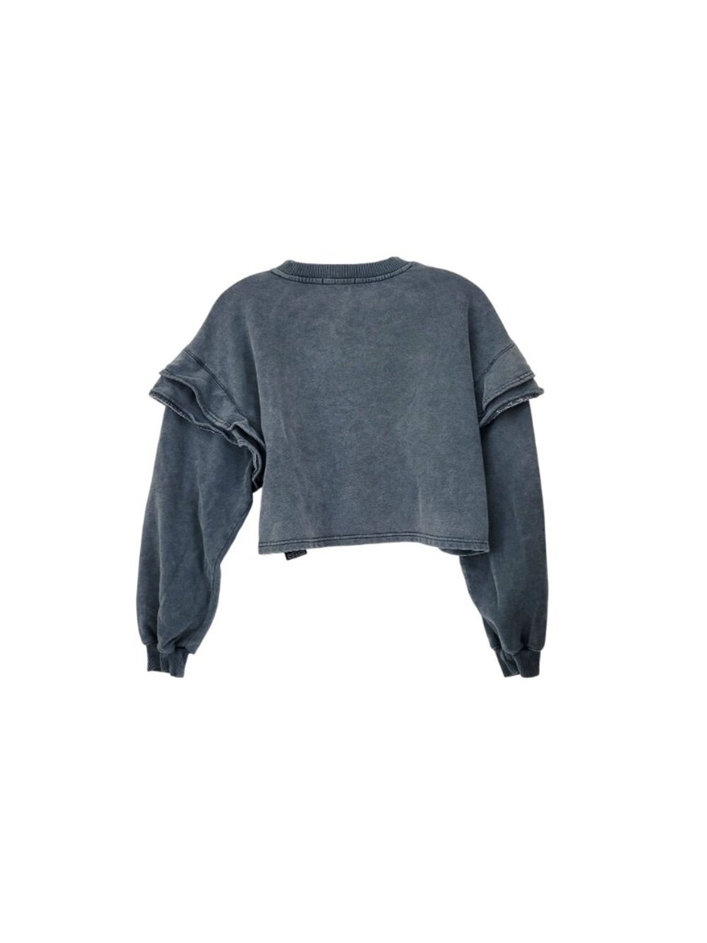 7 For All Mankind Womens Ruffle Sleeve Cropped Sweatshirt Small Gray Cotton Blen - Picture 2 of 6